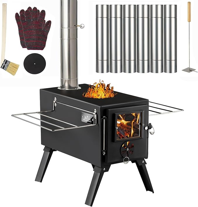 Hot Tent Stove, AVOFOREST Wood Burning Stove, Small Wood Stove with 7 Stainless Chimney Pipes for Outdoor Heating & Cooking, Ice Fishing, Hunting