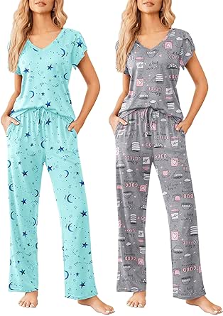 Ekouaer 2 Pack Womens Pajamas Short Sleeve Sleepwear Top with Pants Super-Soft Printed Lounge Sets S-XXL