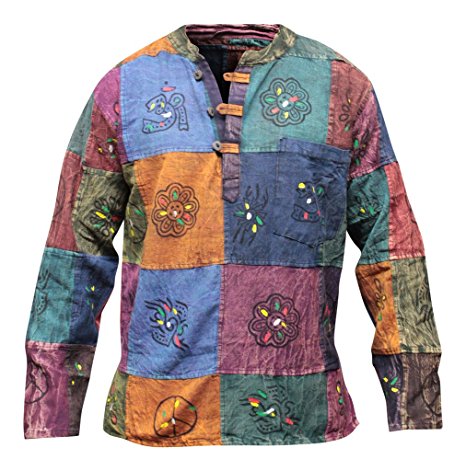 Shopoholic Fashion Mens Acid Washed Multicolored Patchwork Hippie Grandad Shirt Kurtha Tops
