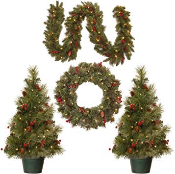 National Tree Holiday Decorating Assortment with 2 3 Foot Entrance Trees, 1 9 Foot by 8 Inch Garland and 1 24 Inch Wreath all with Warm White Battery Operated LED Lights (ED7-PRO-ASST)