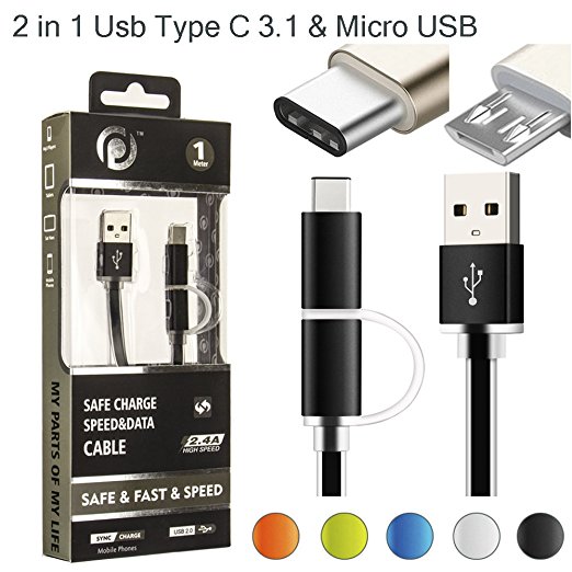 2 in 1 USB Type C 3.1 & Micro USB to USB Type A Data Charging Cable with Aluminium Case, Aomax@ (3.3ft) for Nexus 6P , Nexus 5x, Apple New Macbook , Oneplus 2, Lumia 950 XL, Android (2 in 1 GD Black)