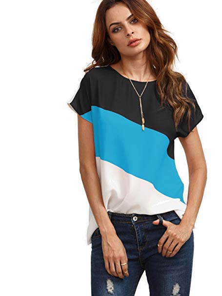 Romwe Women's Color Block Blouse Short Sleeve Casual Tee Shirts Tunic Tops