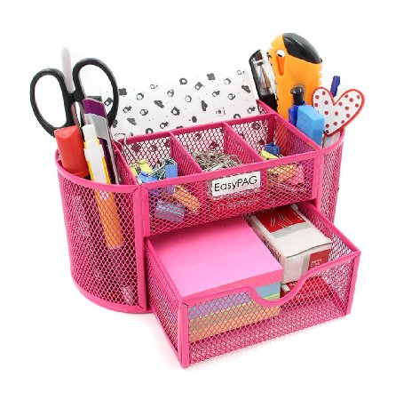 EasyPAG 9 Compartments Mesh Desk Organizer with Drawer Pink