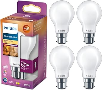 PHILIPS GLS Frosted LED Light Bulbs, Dimmable, B22, 5.9W, 806 Lumens, Warm Glow 2200-2700K - 4 Pack