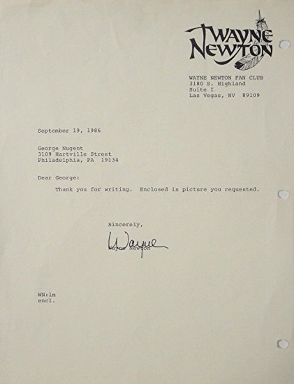 Wayne Newton Hand Signed Autographed Las Vegas Fan Club Letter W/ COA