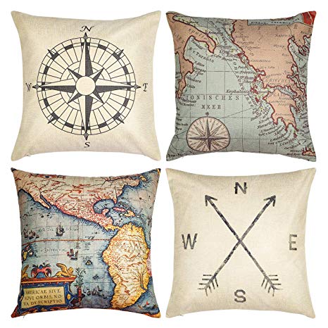 Wonder4 Geography Theme Throw Pillow Covers Home Decorative Map Art Throw Pillow Cases Couch Covers Decoration,2X Maps  1x Compass   1x Navigation Compass for Home Sofa Bedding Set of 4 (20"x20")