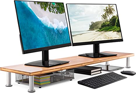 Large Dual Monitor Stand for Computer Screens - Solid Bamboo Riser Supports The Heaviest Monitors, Printers, Laptops or TVs - Perfect Shelf Organizer for Office Desk Accessories & TV Stands (Natural)