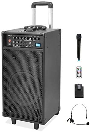 Pyle 800 Watt Outdoor Portable Wireless PA Loud speaker - 10'' Subwoofer Sound System with Charge Dock, Rechargeable Battery, Radio, USB / SD Reader, Microphone, Remote, Wheels - PWMA1090UI