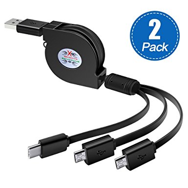 Retractable Cable, (2-Pack) 3ft Niniber Multi Charger 3 in 1 USB with Type-C, Micro USB Cable, Micro Charger for Samsung, Android, USB-C Cord for Google Pixel XL, Nexus 6P 5X, LG G5, HTC10, Huawei P9