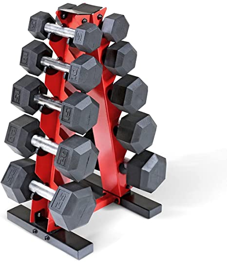 WF Athletic Supply 5-25Lb Rubber Coated Hex Dumbbell Set with A Frame Storage Rack Non-Slip Hex Shape for Muscle Toning, Strength Building & Weight Loss - Multiple Choices Available