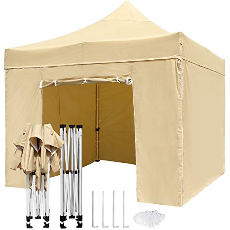 TopCamp 10 x 10 ft Pop up Canopy Tent with Wall, Heavy Duty Outdoor Commercial Waterproof Tents with 4 Removable Walls Instant Sun Shelter Gazebo - Beige