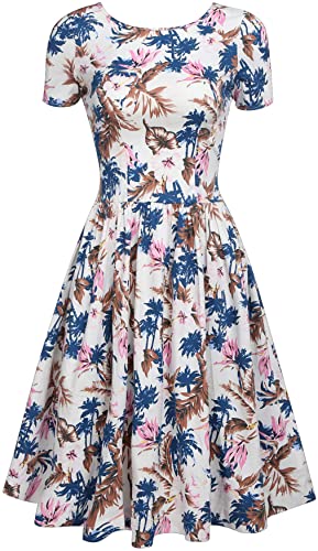 ACEVOG Women's Floral Print Short Sleeve Lace up Vintage Cocktail Party Swing Dress