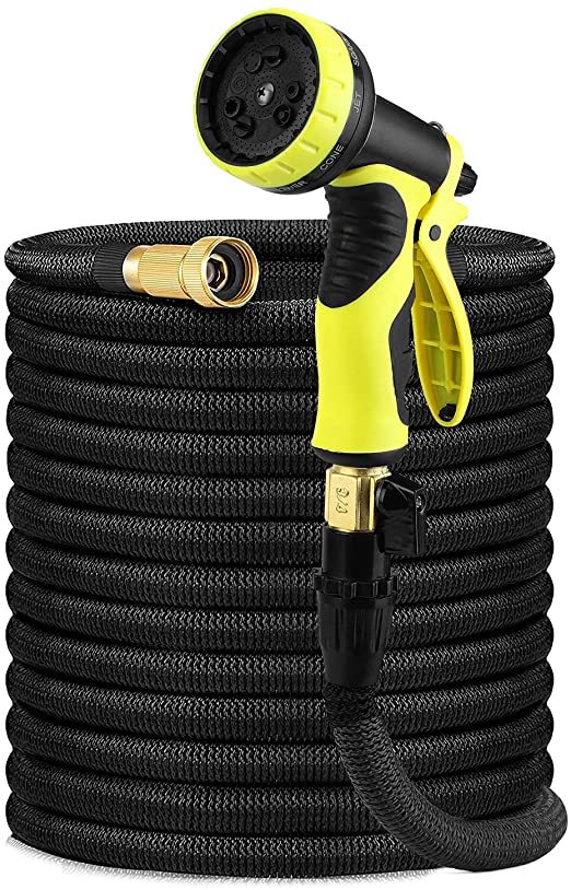 Delxo 100Ft Water Hose,Expandable Garden Hose with 9-Function High-Pressure Spray Nozzle,Black Heavy Duty Flexible Hose, 3/4" Solid Brass Fittings Leakproof Design Black