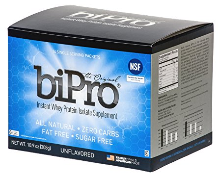 BiPro Whey Protein Isolate To-Go Box (14 Single Serve Packets), Unflavored, NSF Certified for Sport®