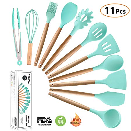 MIBOTE 11pcs Silicone Cooking Kitchen Utensils Set, Bamboo Wooden Handles Cooking Tool BPA Free Non Toxic Silicone Turner Tongs Spatula Spoon Kitchen Gadgets Utensil Set for Nonstick Cookware (Green)