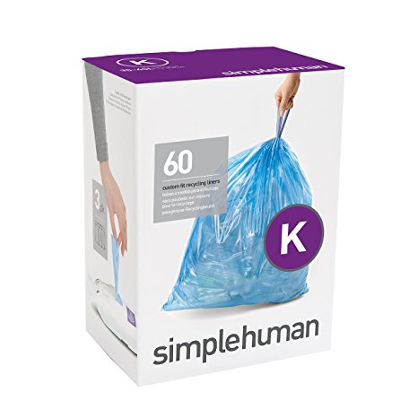 simplehuman Code K Custom Fit Recycling Liners, Tall Kitchen Drawstring Trash Bags, 35-45 Liter / 9-12 Gallon, 3 Refill Packs (60 Count), Blue