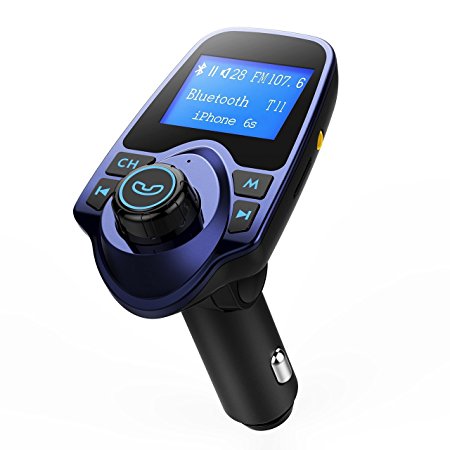 FM Transmitter, [Newest Version] [Top-Rated]Pictek Bluetooth FM Transmitter For Car, Hands Free Bluetooth Car Kit, with 2 USB Charging Port, 3.5mm Audio Port, 1.44 LCD Inches Screen Display Work with iPhone, Samsung, Dark Blue