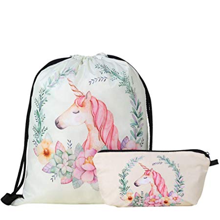 Beautyonline Unicorn Drawstring Backpack Makeup Bag Set - Waterproof Drawstring Bag Print Backpack Travel Gym Bags Unicorn Gifts for Girls