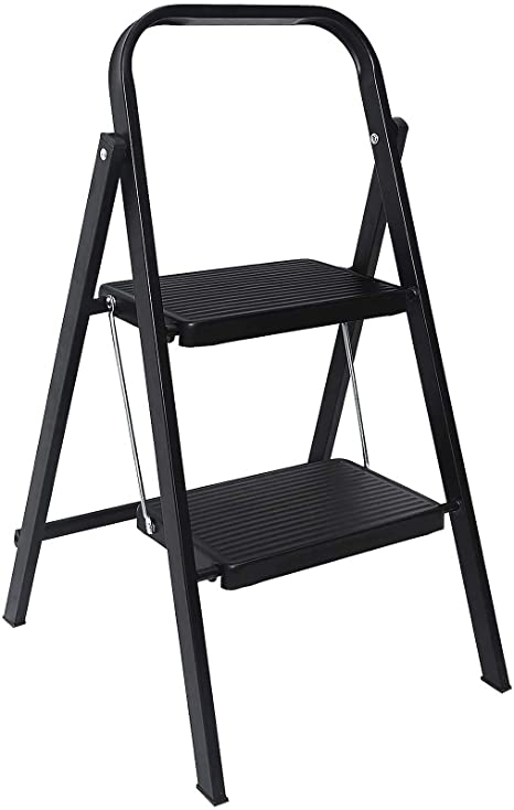 Delxo 2 Step Step Stool for Adult, Folding Metal Step Ladder with Handgrip & Anti-Slip Sturdy and Wide Pedal, Multi-Use for Household & Office, Portable Handle Step Stool 330lbs (Steel) Black