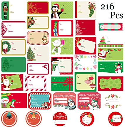 WESJOY Christmas Self Adhesive Name Labels Gift Wrap Tags Stickers Santa Snowmen Xmas Tree Deer Designs Holiday Decorative Presents Labels 216 Pcs