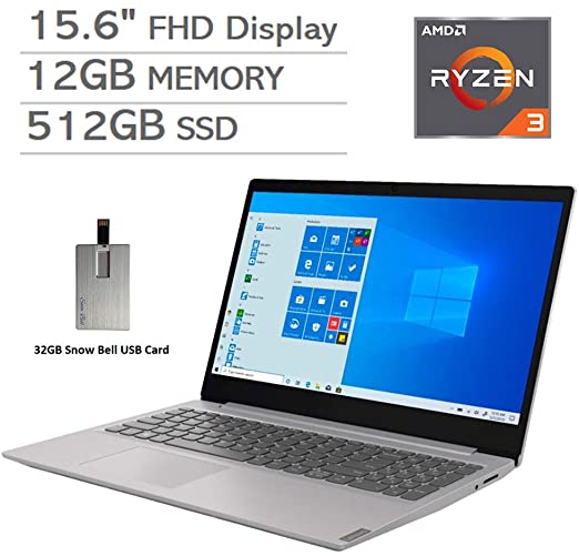 2020 Lenovo IdeaPad 15.6" FHD Laptop Computer, AMD Ryzen 3-3200U Processor, 12GB RAM, 512GB PCIe SSD, Dolby Audio, AMD Radeon Vega 3 Graphics, Webcam, HDMI, Win 10 S, Gray, 32GB Snow Bell USB Card