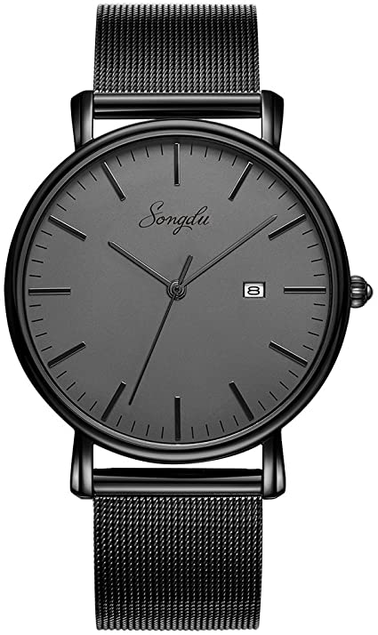 SONGDU Men's Ultra-Thin Quartz Analog Date Wrist Watch with Black Leather Strap