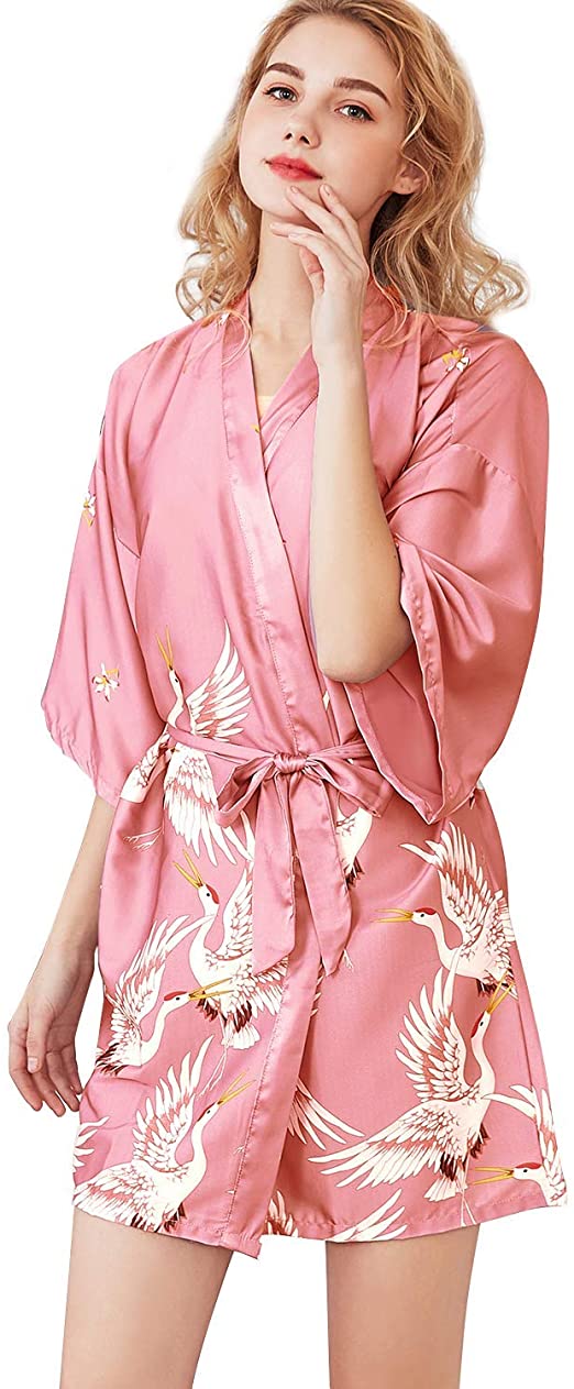Shymay Women's Kimono Robe Short Satin Bridesmaid Silk Crane Bathrobe Nightgown Sleepwear Loungewear