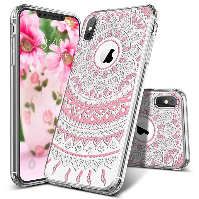 SmartLegend iPhone Xs Case, iPhone X Case, Girls Women Slim Anti-Slip Clear Hybrid Hard PC   TPU Bumper Mandala Floral Shockproof Full-Body Protective Phone Cover for iPhone X/Xs 5.8 Inch- Pink