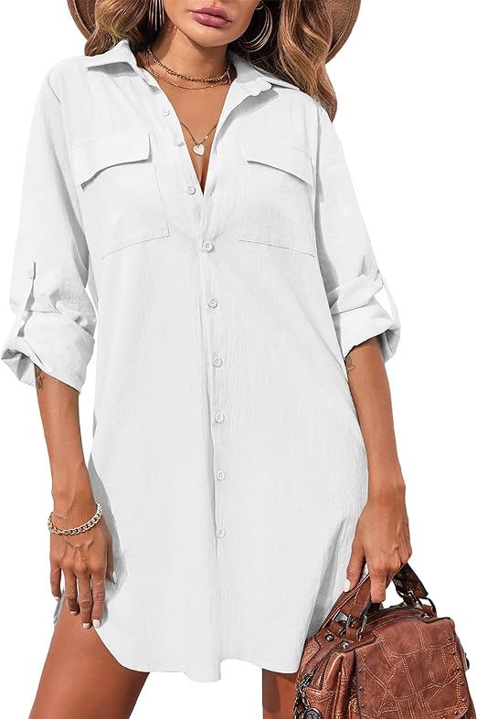Hotouch Women's Oversized Button Down Shirt Dress with Pockets Long Sleeve Cotton Linen Cover Ups Casual Tunic Blouse Top