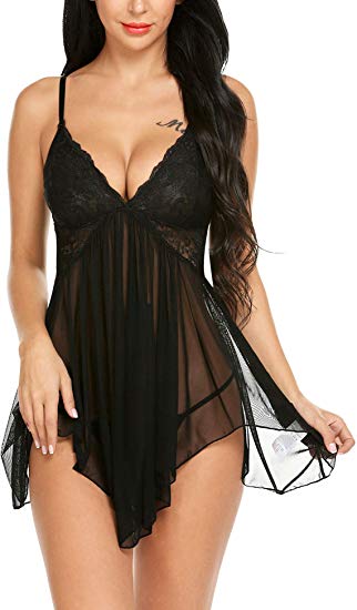 ELOVER Women Lace Babydoll Lingerie Sexy Nightdress Mesh Chemise V Neck Sleepwear