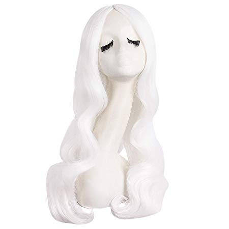 MapofBeauty Women Carve Bangs Beautiful Long Curly Wavy Hair Cosplay Wig (White)