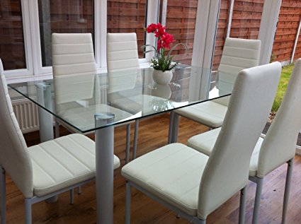 STUNNING GLASS, WHITE OR BLACK DINING TABLE SET AND 6 FAUX LEATHER CHAIRS (CLEAR TABLE WITH 6 WHITE CHAIRS)
