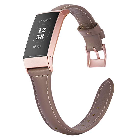 Wearlizer Compatible with Charge 3 Bands for Women Slim Leather Replacement Fit Charge hr 3 Special Edition Rose Gold Band Accessories Strap