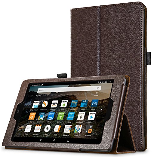All-New Fire HD 8 Case, Hi-tech wireless - Premium Leather Folio Folding Stand Cover Case for HD 8 Tablet with Alexa (7th Gen, 2017 Release) [with Auto Wake / Sleep Function] – Brown