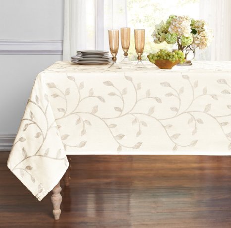 Luxurious Heavy Weight Madison Leaf Embroidered Fabric Tablecloth by GoodGramreg - Assorted Colors Beige 54 in x 84 in Rectangle 6-8 Chairs