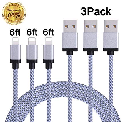 Phone Charger,3Pack 6Ft Sundix Phone Charger Cable Nylon Braided Charging Cable Cord Compatible X 8 8plus 7 7plus 6s 6s Plus More-White