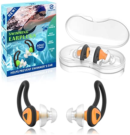 2 Pairs Swimmer Ear Plugs, Hearprotek Upgraded Custom-fit Water Protection Adult Swimming earplugs for Swimmers Water Pool Shower Bathing and Other Water Sports (Orange)