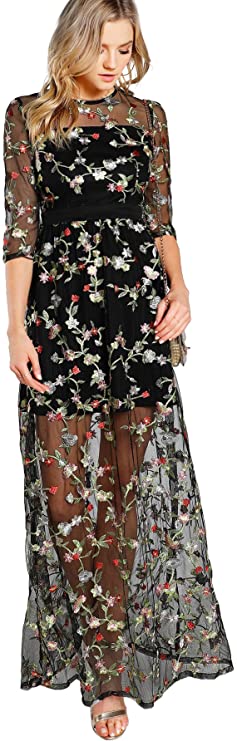 DIDK Women's A Line Floral Embroidery Mesh Sheer Evening Cocktail Dress