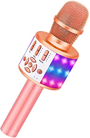 BONAOK Karaoke Bluetooth Wireless Microphone with LED Lights, Rechargeable Handheld Mic & Speaker, Recording Singing Machine for Kids Boys Girls Adults(868 Rose Gold)