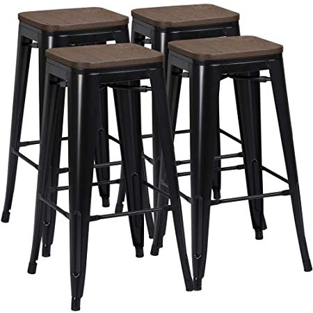 Yaheetech 30inch Barstools Set of 4 Bar Height Metal Bar Stools, Indoor Outdoor Stackable Bartool Industrial with Wood Seat/Top 331Lb, Black