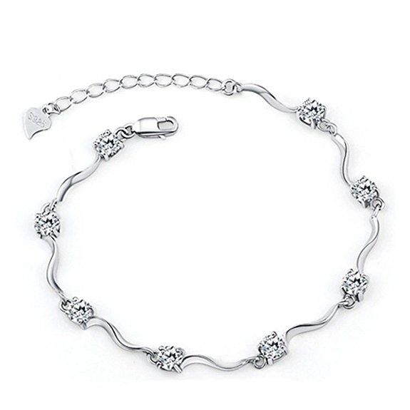 Ladies Swarovski Element Silver Crystal S925 Sterling Silver Bracelets with Shiny White Cubic Zirconia for Women Girls
