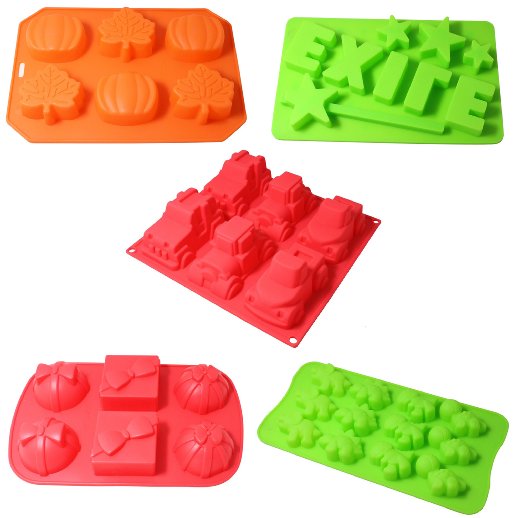 ProTect Candy Molds Chocolate Molds Ice Cube Molds Silicone Baking Molds PREMIUM Silicone Molds- Cars Dinosaur Leaves and Pumpkins Set of 5