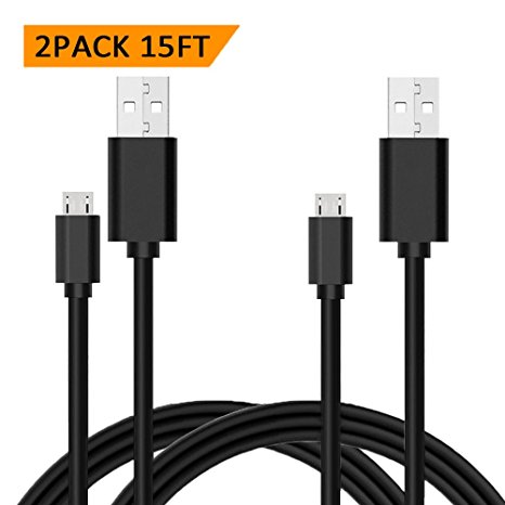 PS4 Micro USB Cable, [2Pack 15FT] Extra Long Durable Charging Cord, Quick Charger Cable for Sony PS4/Dual Shock 4 Charge/ Android/Samsung/Xbox One/Echo Dot/HTC/Motorola/Nexus/Nokia and more (Black)