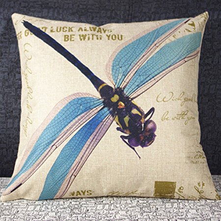 HomeTextilesArt 18 X 18 Inch Cotton Linen Retro Vintage Home Decorative Indoor/Outdoor Throw Cushion Cover / Pillow Sham Dragonfly