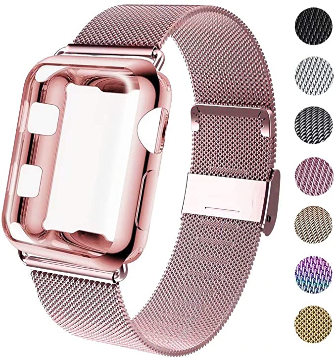 GBPOOT Compatible with Apple Watch Band 38mm 40mm 42mm 44mm with Screen Protector Case, Sports Wristband Strap Replacement Band with Protective Case for Iwatch Series 5/4/3/2/1,38mm,Rose Gold