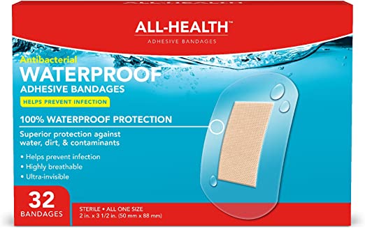 All Health Clear Waterproof Antibacterial Adhesive Bandages, 2 in x 3 1/2 in, 32 ct | Helps Prevent Infection, 100% Waterproof for First Aid and Wound Care