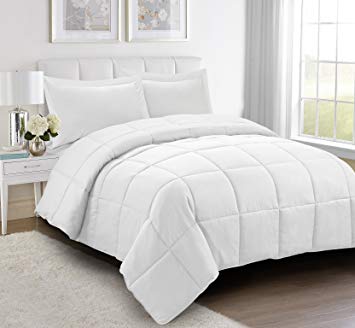 HIG 3pc Down Alternative Comforter Set - All Season Reversible Comforter with Two Shams - Quilted Duvet Insert with Corner Tabs -Box Stitched –Hypoallergenic, Soft, Fluffy (Full/Queen, Pure White)