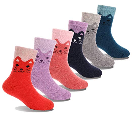 Girls Boys Wool Socks Cat Pattern Warm Thermal Thick Cotton Winter Crew Socks For Child Kid Toddler 6 Pack