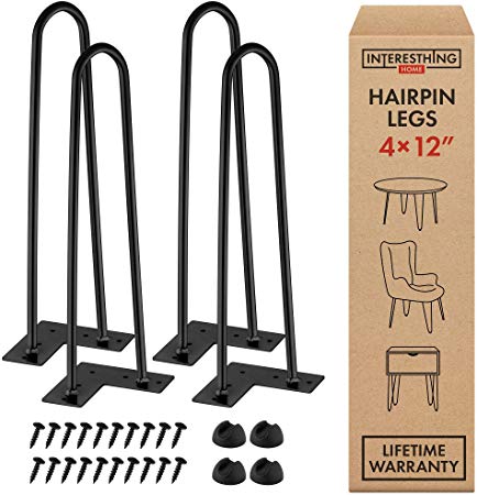 12 Inch Hairpin Legs – 4 Easy to Install Metal Legs for Furniture – Mid-Century Modern Legs for Coffee and End Tables, Chairs, Home DIY Projects   Bonus Rubber Floor Protectors by INTERESTHING Home