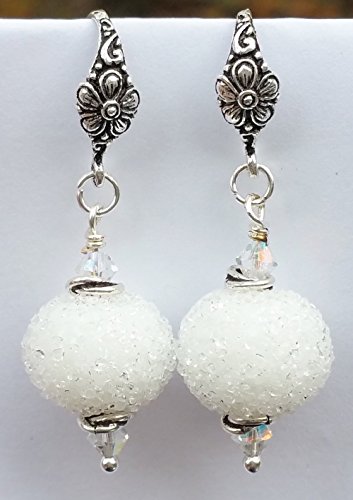 A Pair of Frozen White Christmas Hanukkah Winter Snowball Sugar Lampwork Beaded Earrings